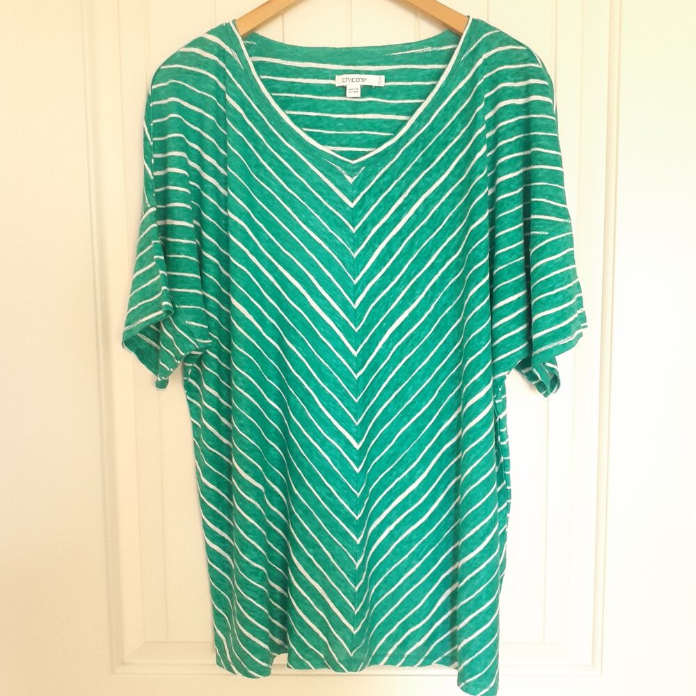 Chico's Easy Linen Striped Short Sleeve Tee Tropical Jade Green Size 3/Size XL